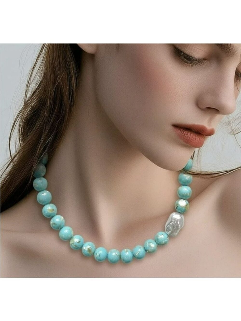 Turquoise Beaded Necklace With Pearl Accent & Gold Chain By Mayamar